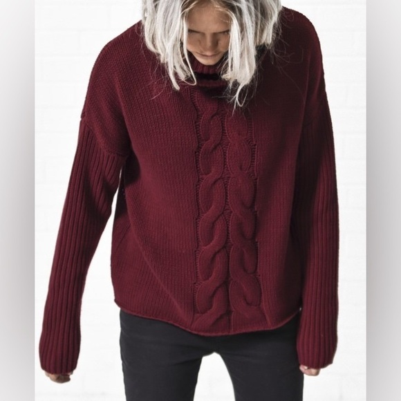 Free People One Teaspoon Women’s Turtleneck Sweater Chunky Cable Knit Burgundy - Picture 5 of 16